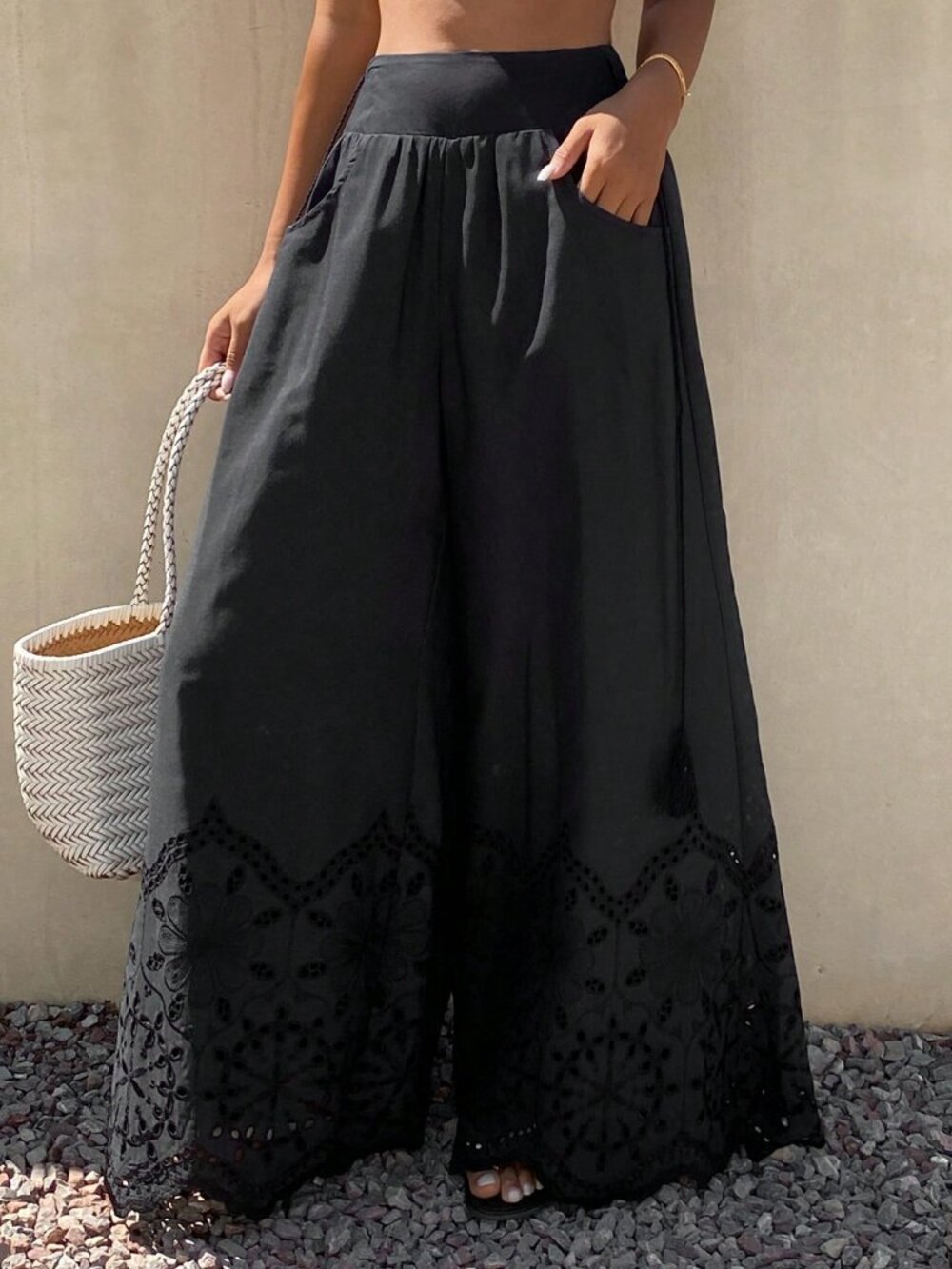 Black Boho Women's Lace Tie-Up Hollow Out Pants